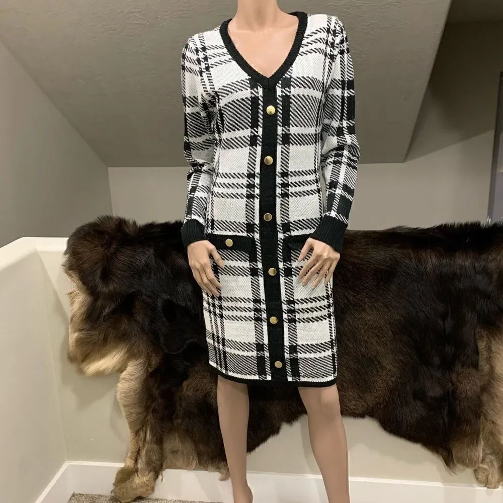 New Elegant Plaid Pattern Knit Sweater Dress